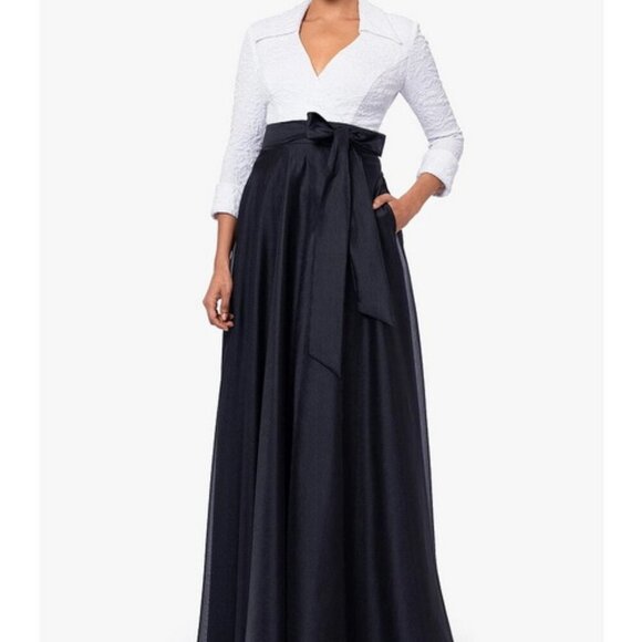 Xscape Ivory Black Collared Jacquard & Organza Ballgown